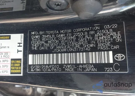 2022 Toyota Prius Le from USA, damaged, VIN JTDKAMFU9N3173142